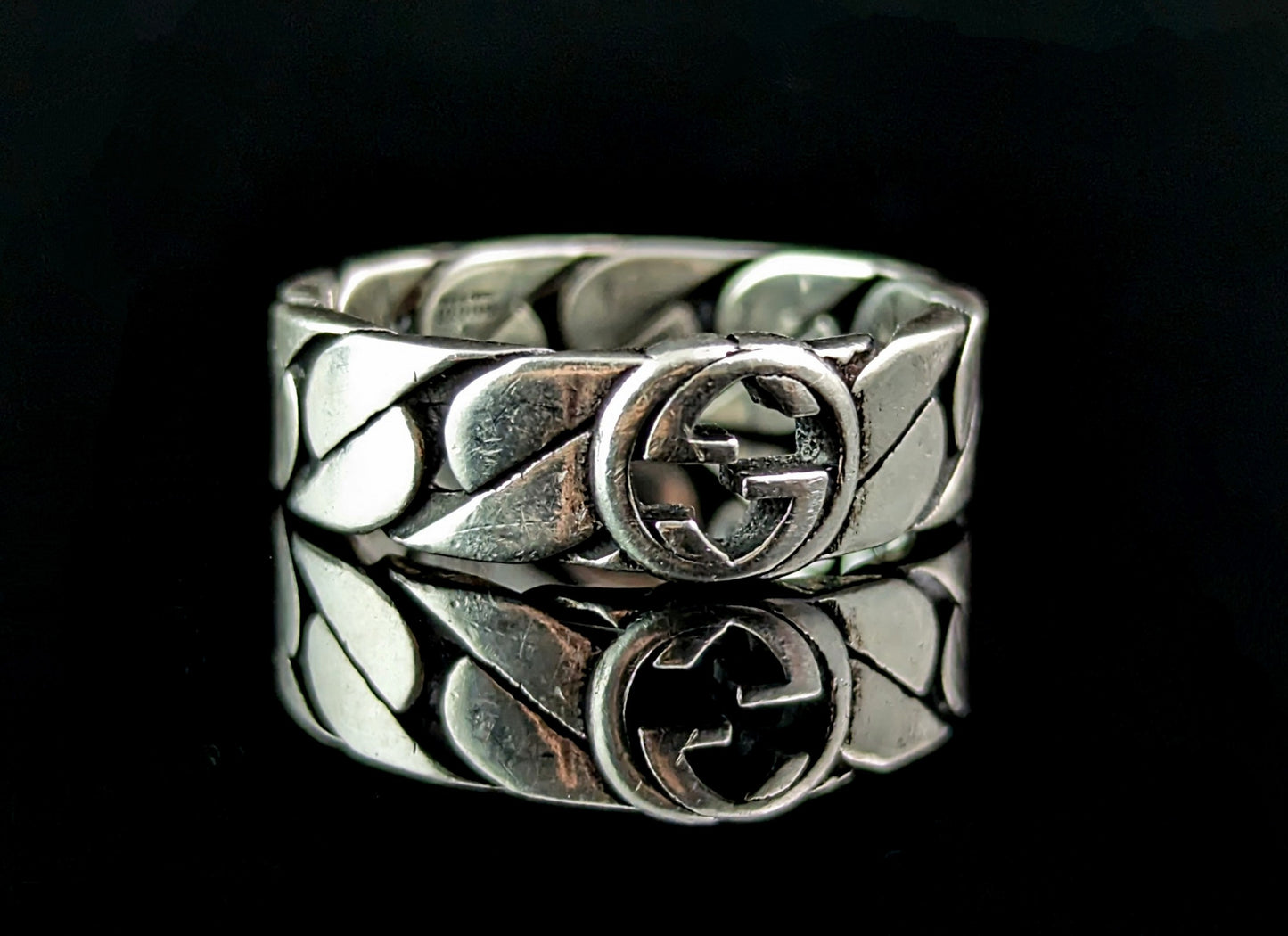 Vintage Gucci sterling silver chain link ring, boxed