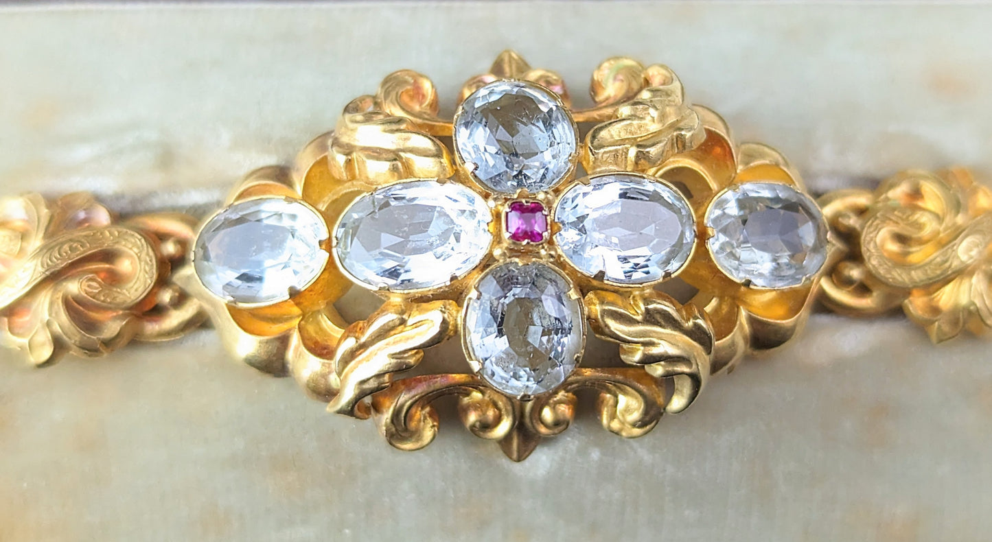Antique 18ct gold Aquamarine and Ruby bracelet, Victorian, boxed