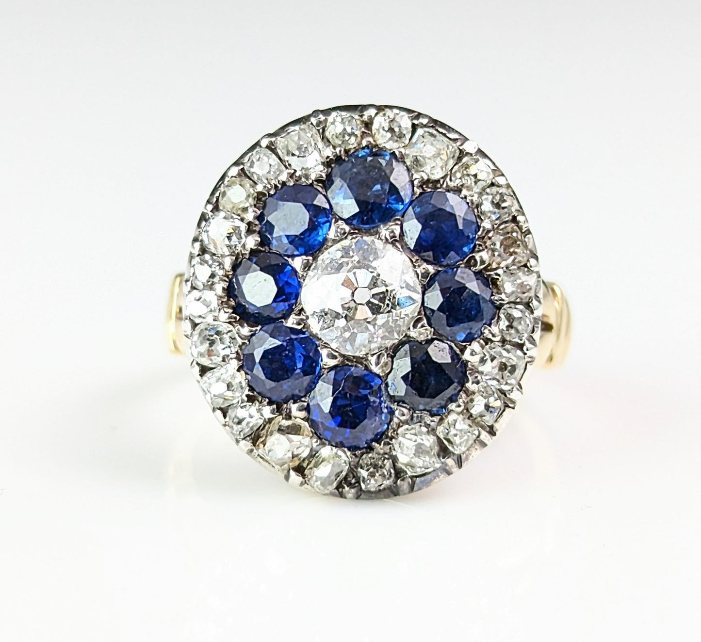 Antique Sapphire and Diamond halo cluster ring, 9ct gold and sterling silver