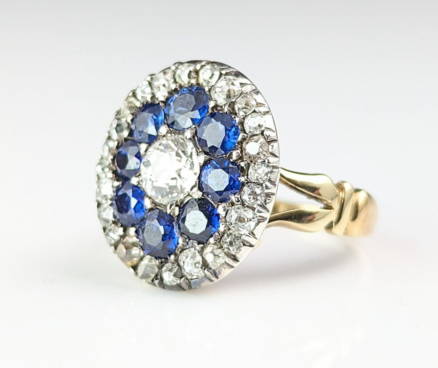 Antique Sapphire and Diamond halo cluster ring, 9ct gold and sterling silver