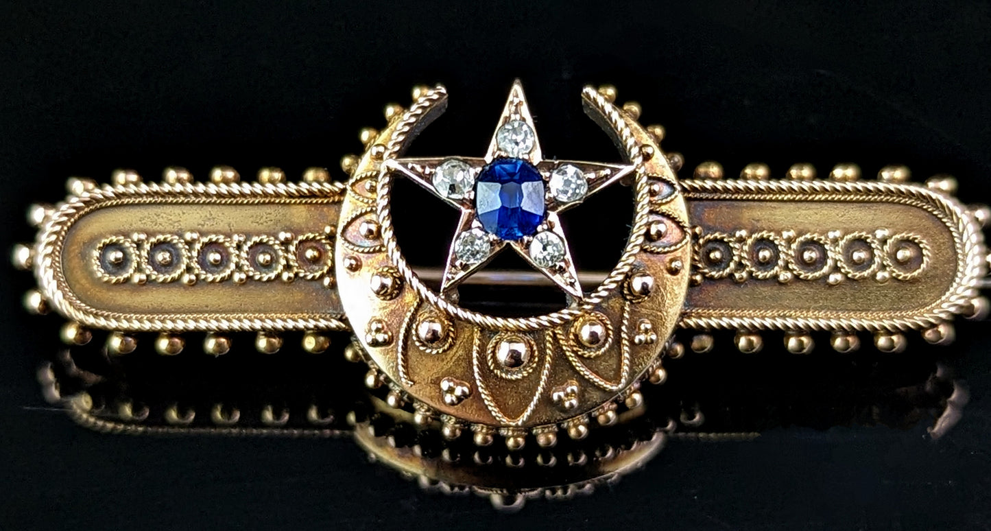 Antique Crescent moon and Star brooch, Sapphire and Diamond, 15ct gold, boxed