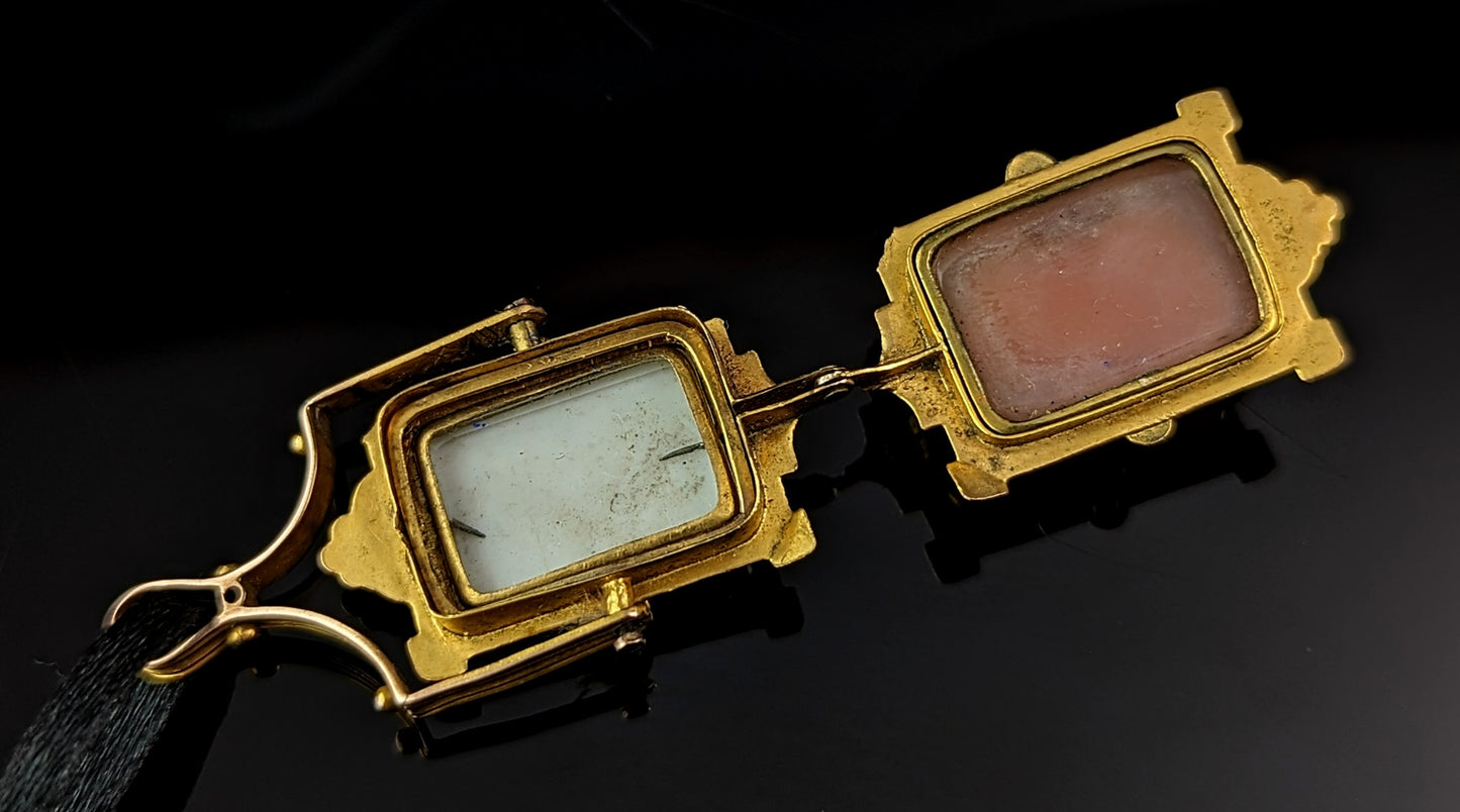 Antique Swivel Fob Locket pendant, Onyx J, 9ct gold, Cameo