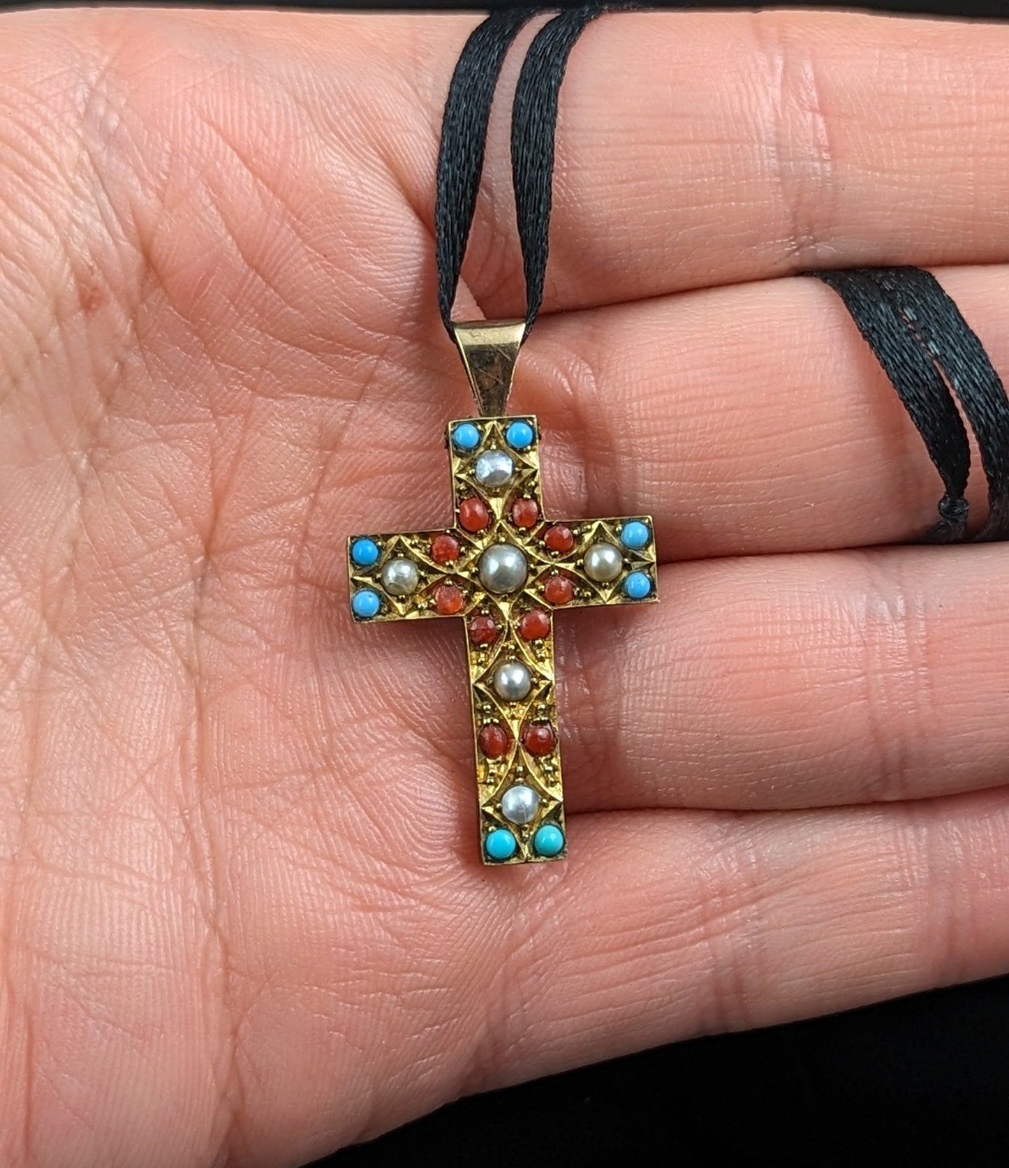 Antique Victorian Cross pendant brooch, Pearl and Paste, 9k gold