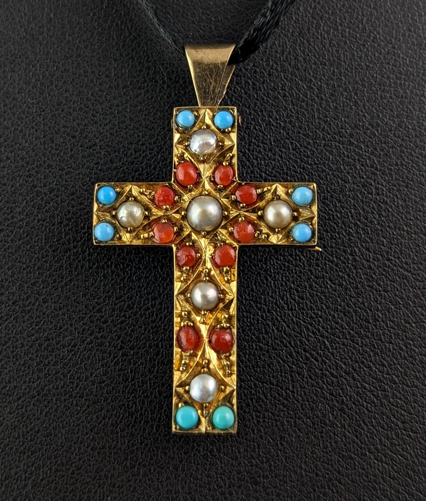 Antique Victorian Cross pendant brooch, Pearl and Paste, 9k gold