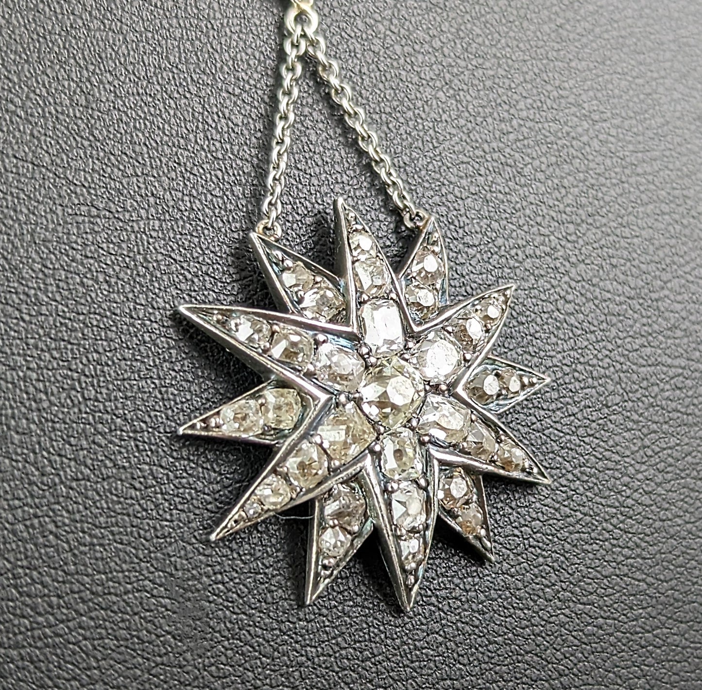 Antique Diamond Star pendant, sterling silver necklace, Victorian