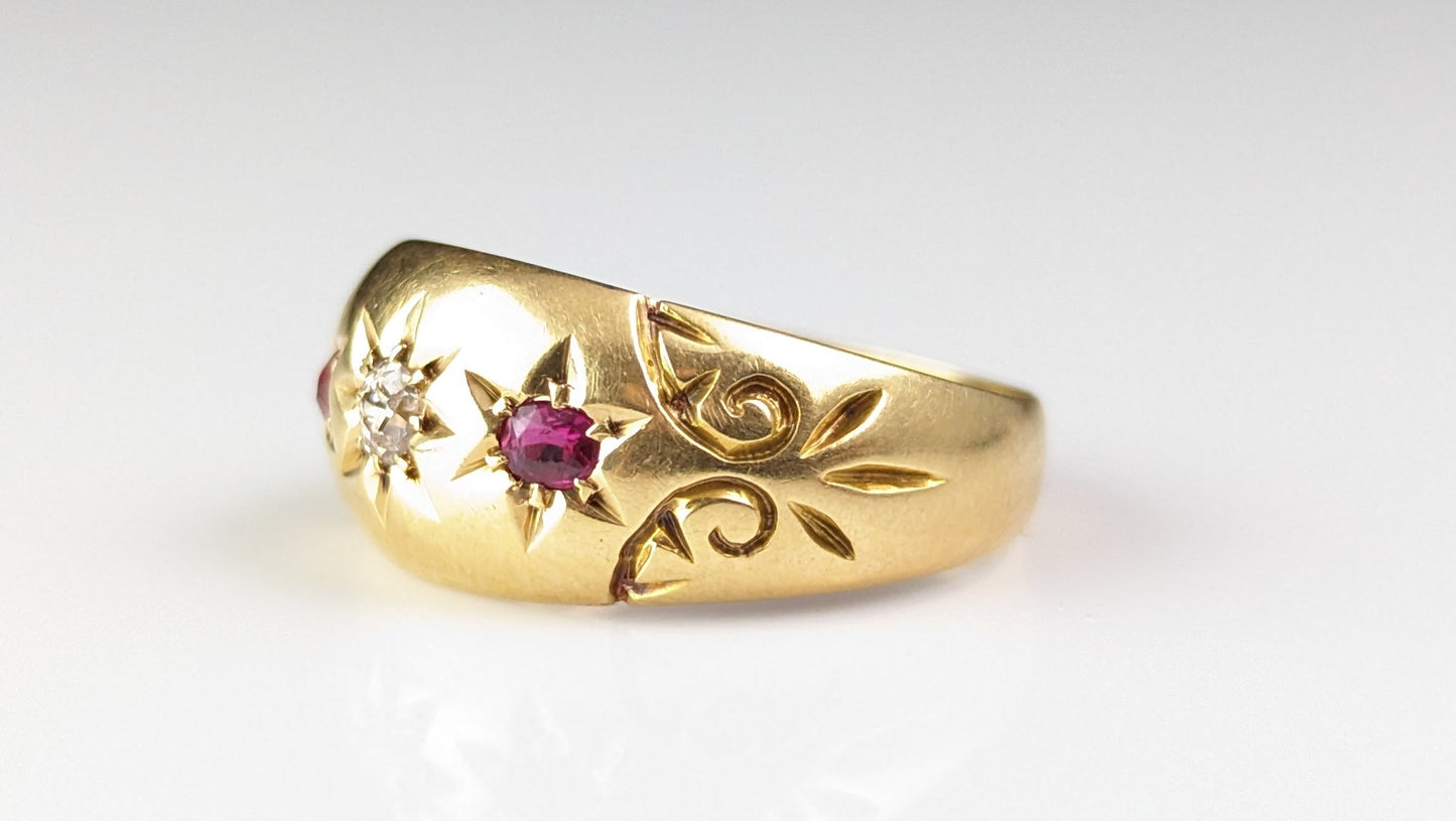 Antique Star set Ruby and Diamond ring, 18ct gold, Gypsy set