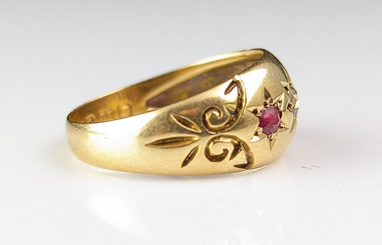 Antique Star set Ruby and Diamond ring, 18ct gold, Gypsy set