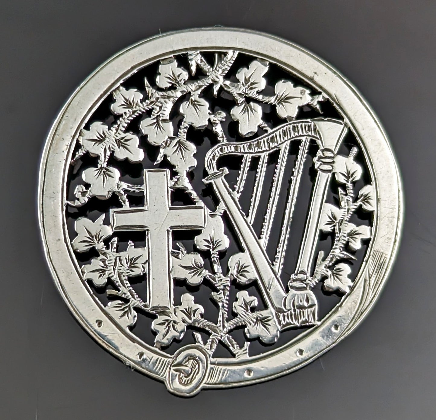Antique Victorian silver pendant, Harp and Cross