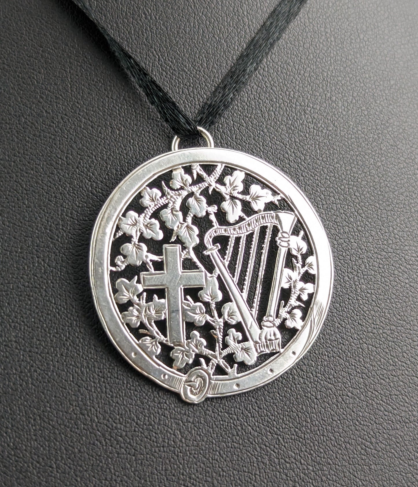 Antique Victorian silver pendant, Harp and Cross