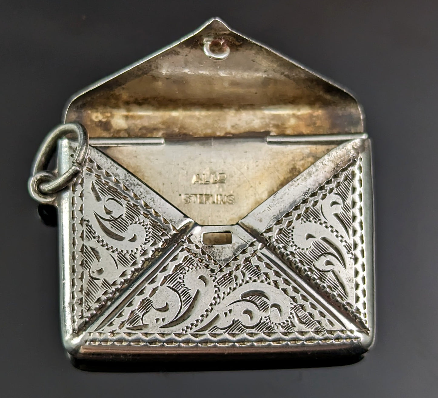 Antique silver stamp case pendant, Envelope, Edwardian