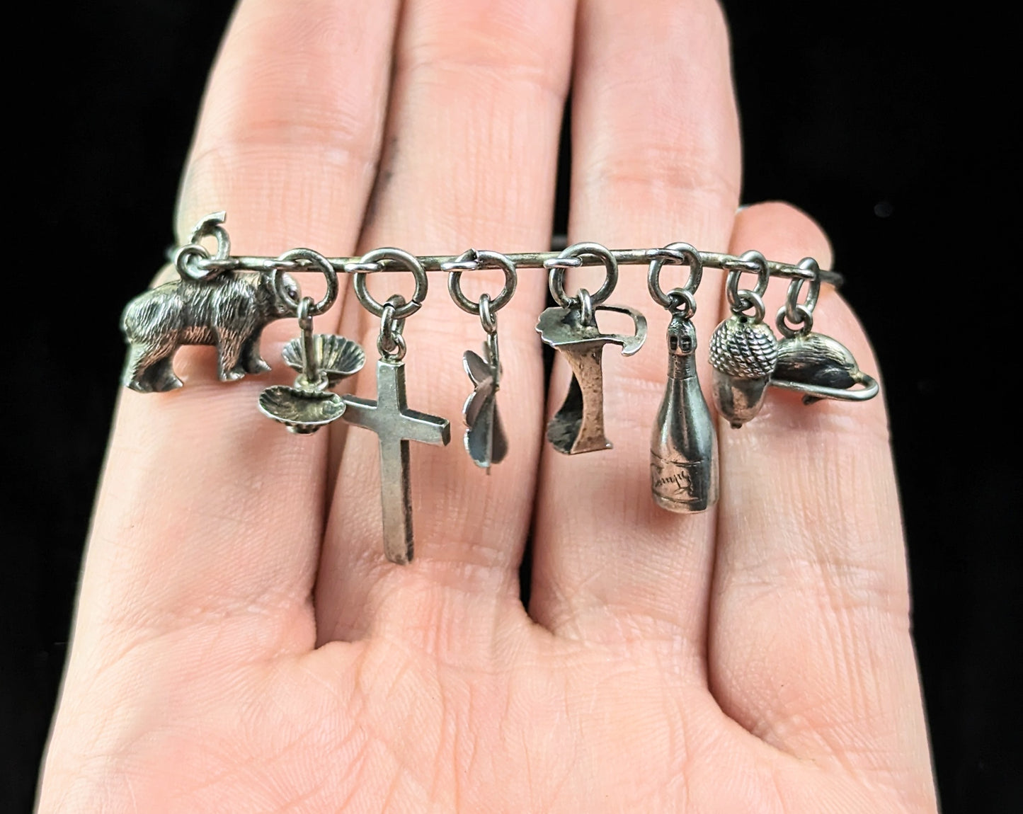 Antique Victorian sterling silver charm bracelet, Bangle, Charms