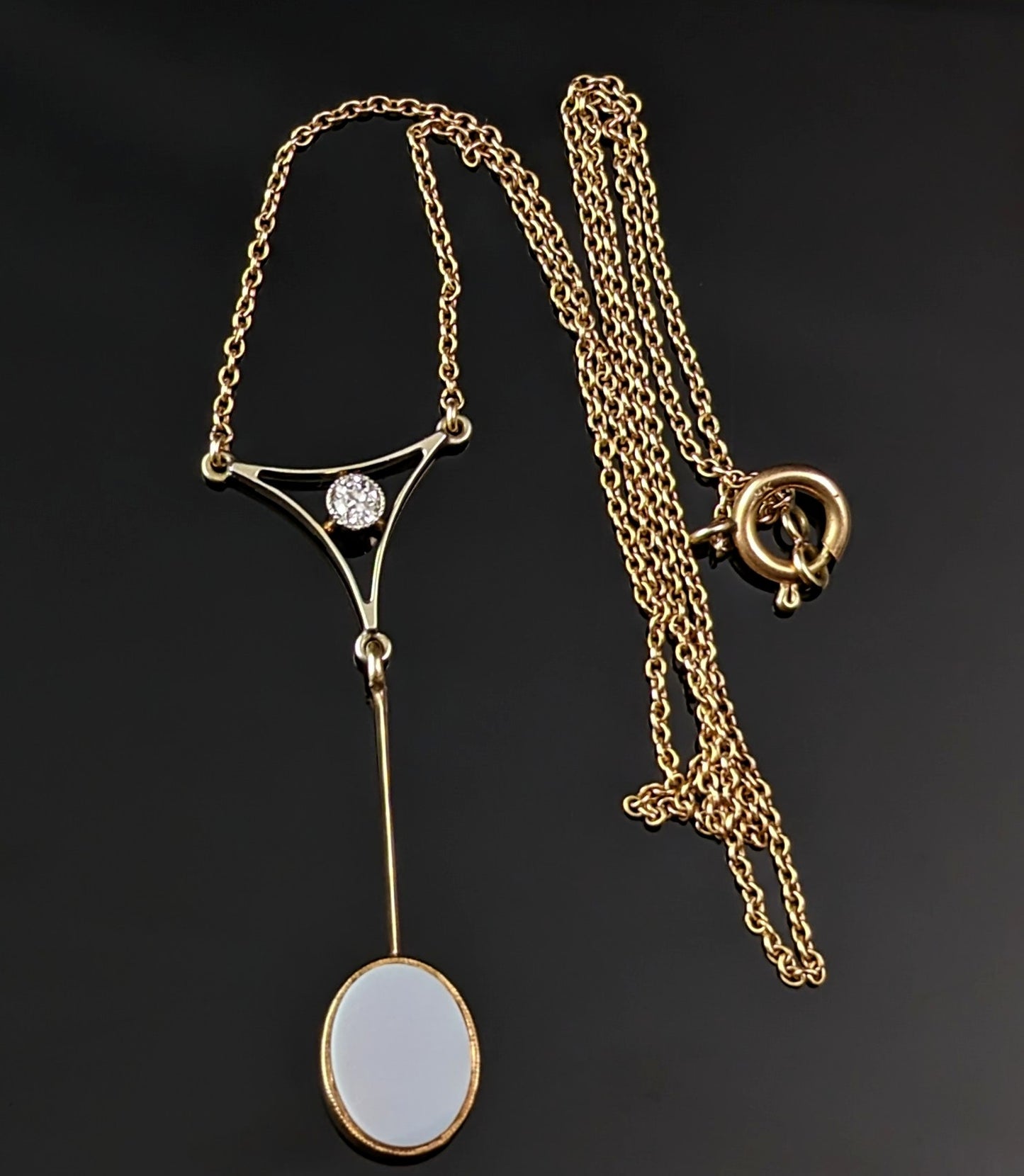 Antique Art Deco drop pendant necklace, Diamond and Sardonyx, 9ct gold