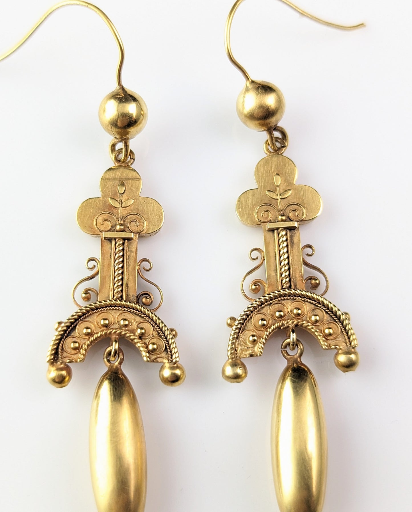 Antique Victorian Etruscan revival dangle earrings, 15ct gold