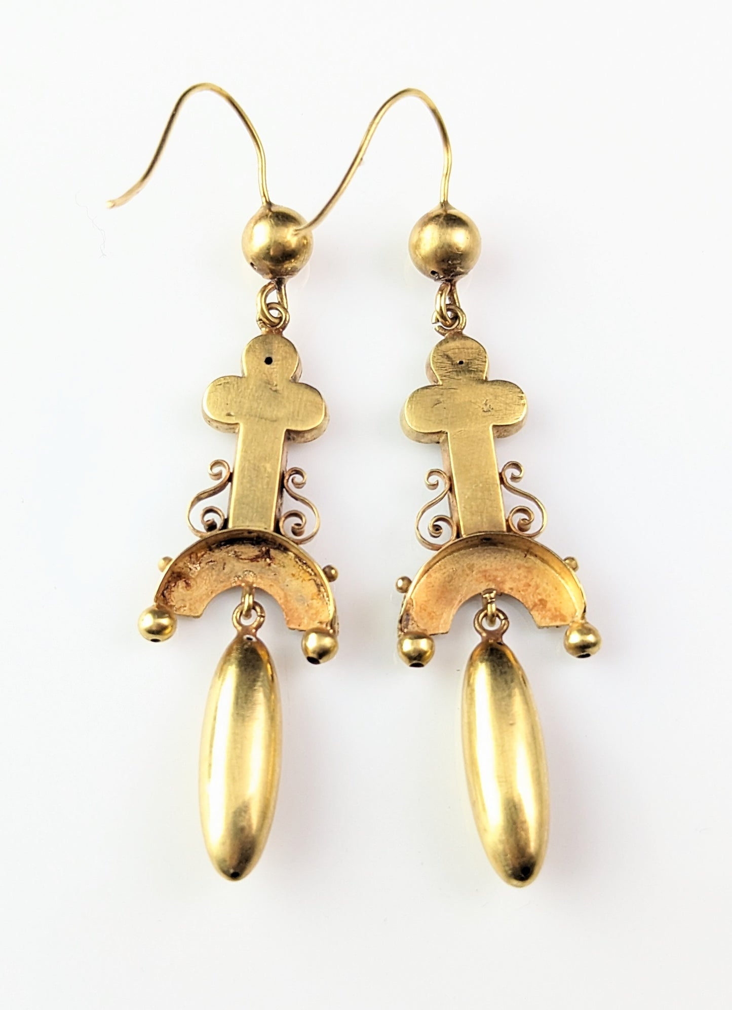 Antique Victorian Etruscan revival dangle earrings, 15ct gold
