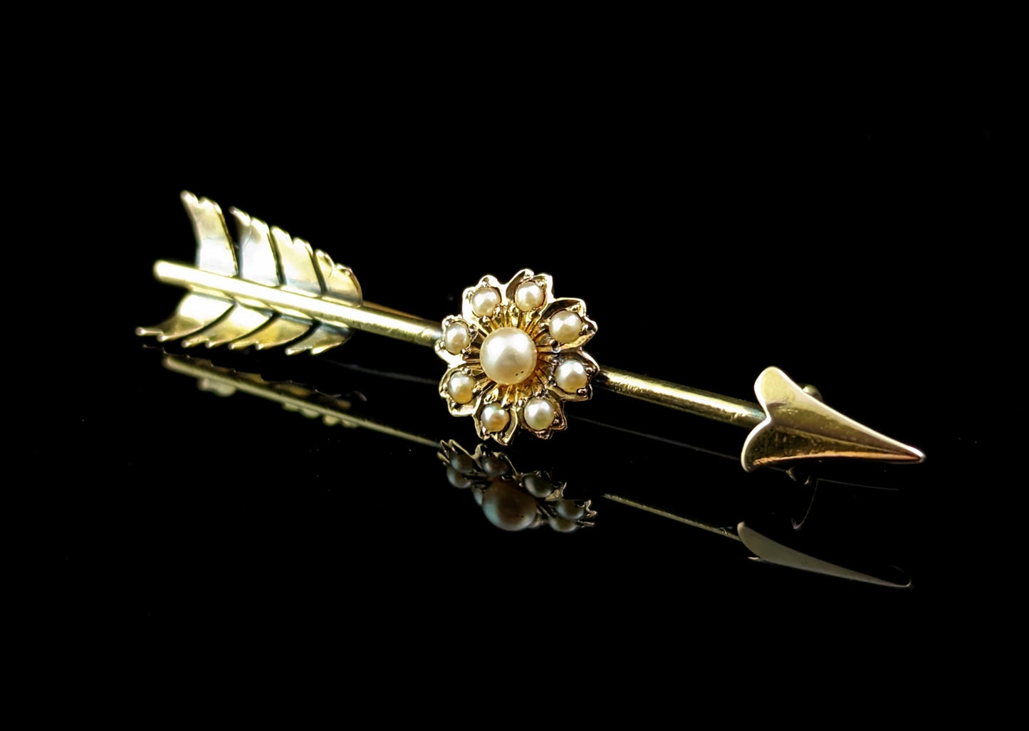 Antique Arrow and flower brooch, Pearl and 9ct gold