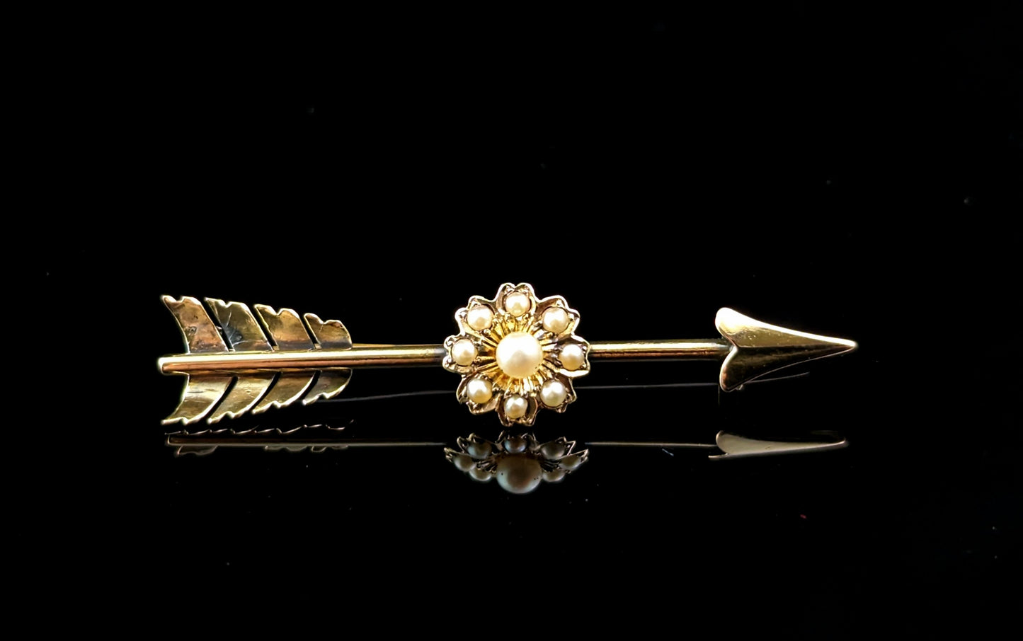 Antique Arrow and flower brooch, Pearl and 9ct gold