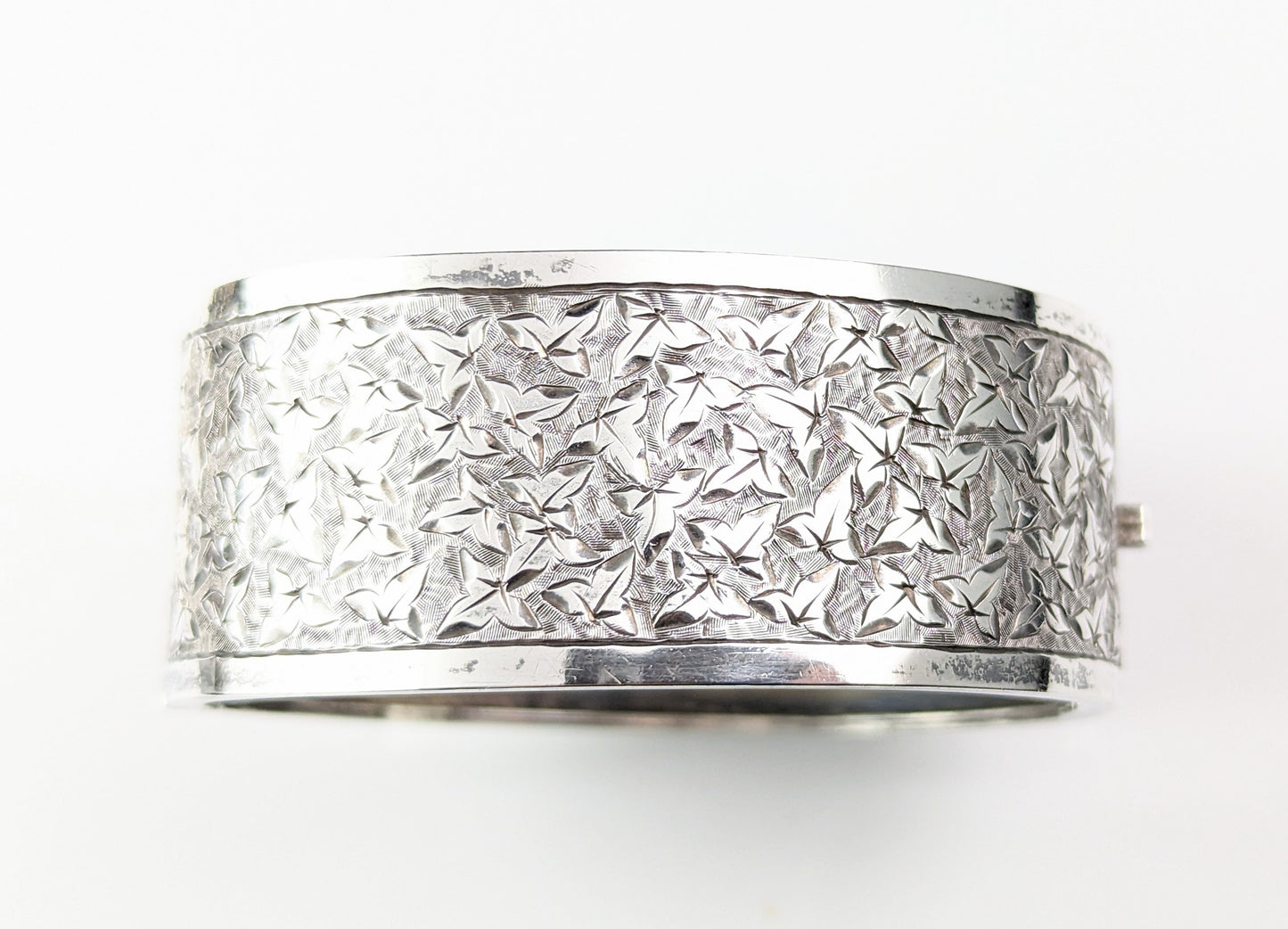 Antique silver bangle, wide, Ivy engraved, Victorian
