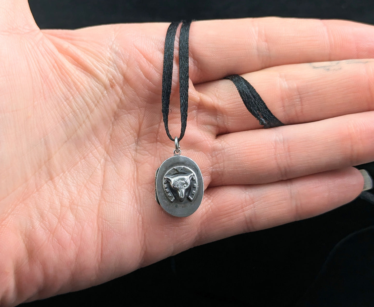 Antique Victorian silver Fox and Horseshoe locket pendant
