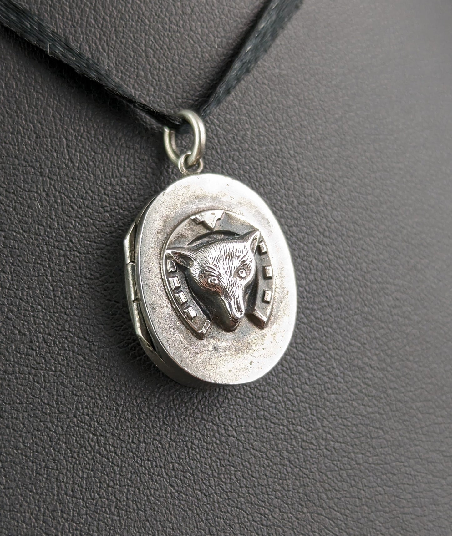 Antique Victorian silver Fox and Horseshoe locket pendant