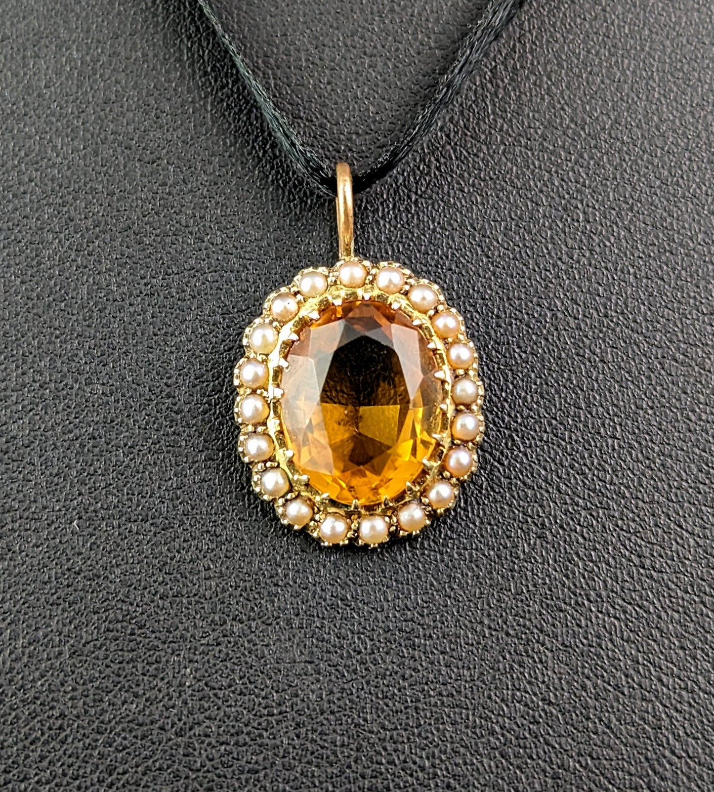 Antique Citrine and Pearl halo pendant, 15ct gold