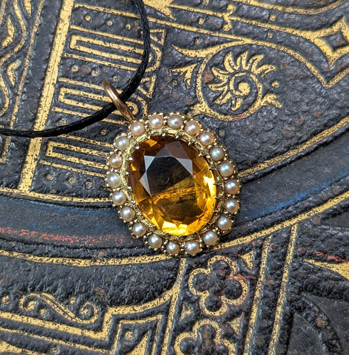 Antique Citrine and Pearl halo pendant, 15ct gold