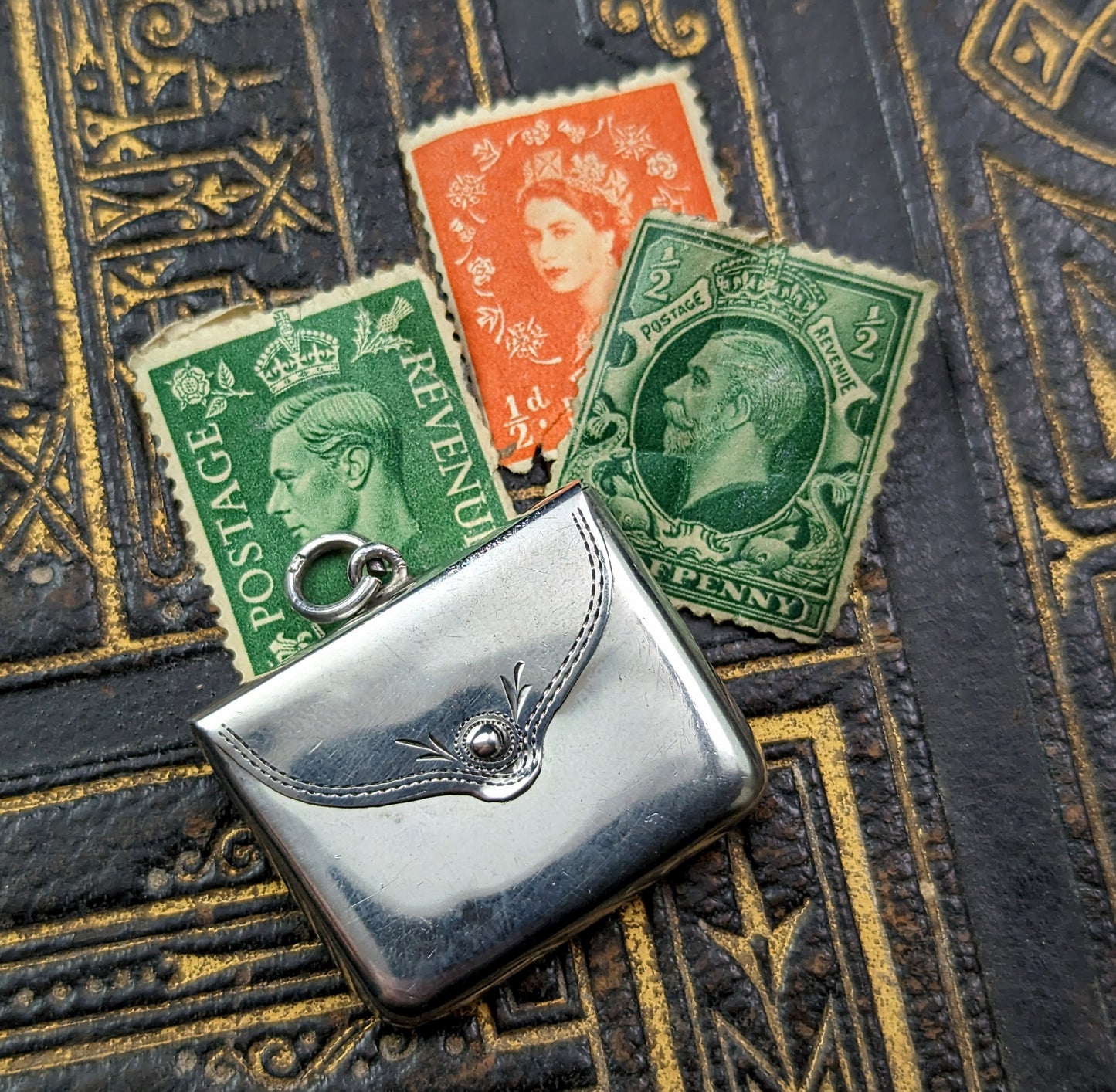 Antique Sterling silver stamp case pendant, Envelope, Edwardian