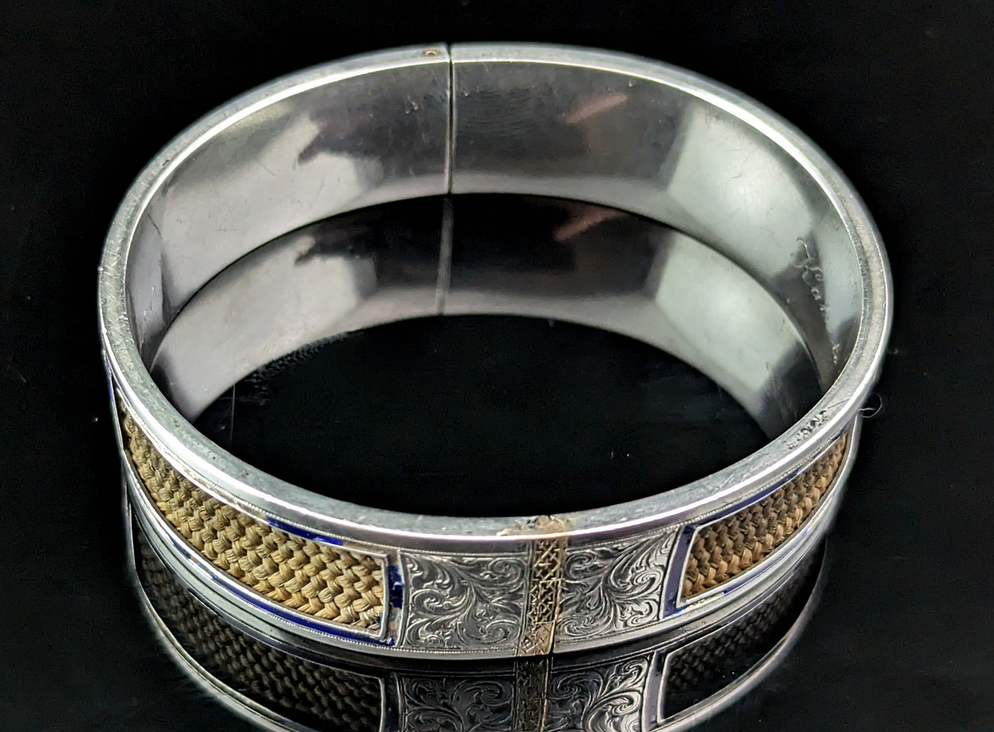 Antique Mourning bangle, Sterling silver and 9ct gold, Blue enamel and hairwork
