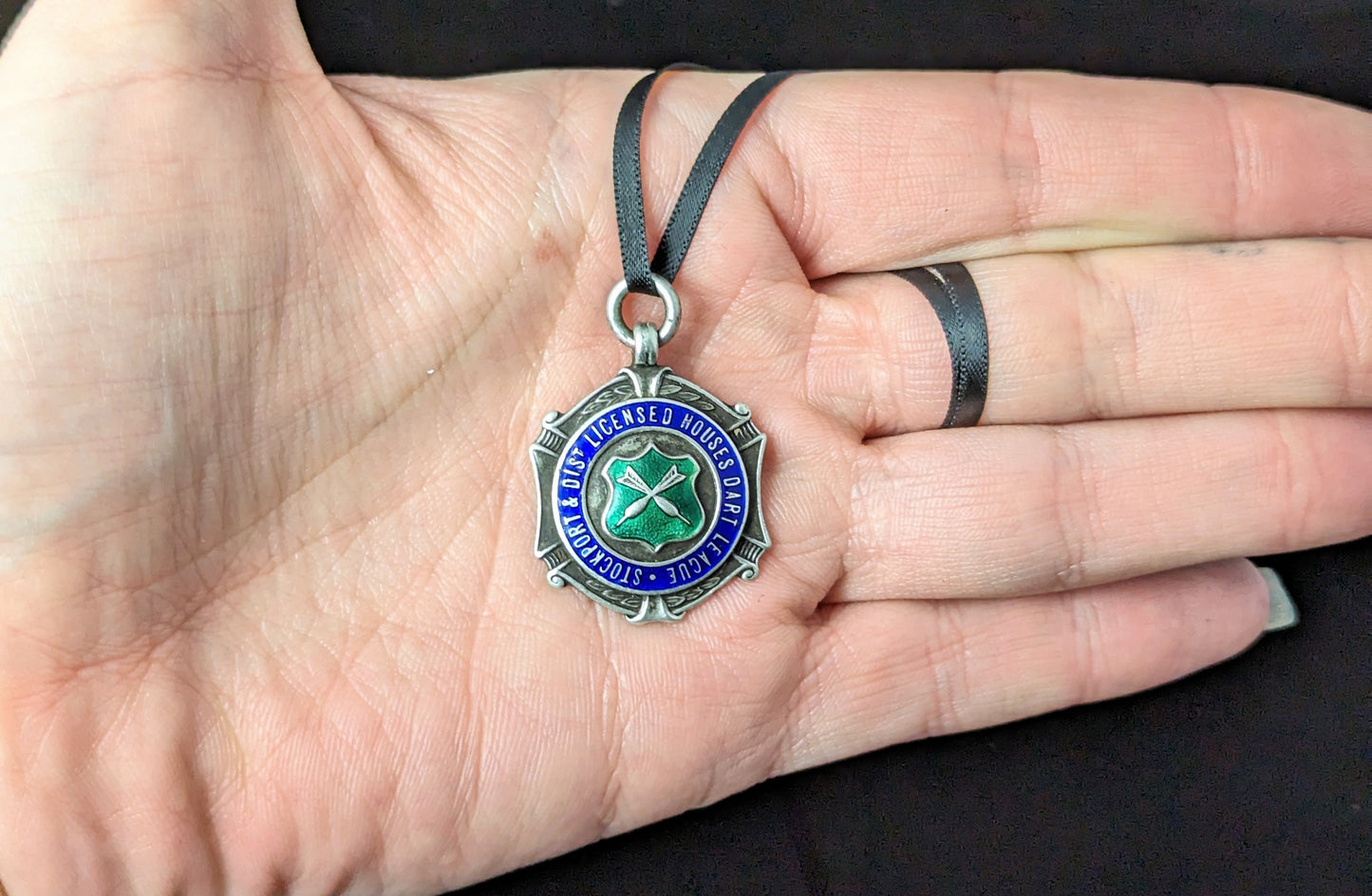 Vintage sterling silver and enamel fob pendant, Darts league