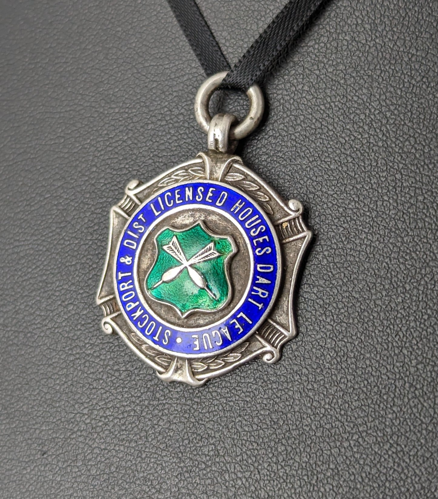 Vintage sterling silver and enamel fob pendant, Darts league