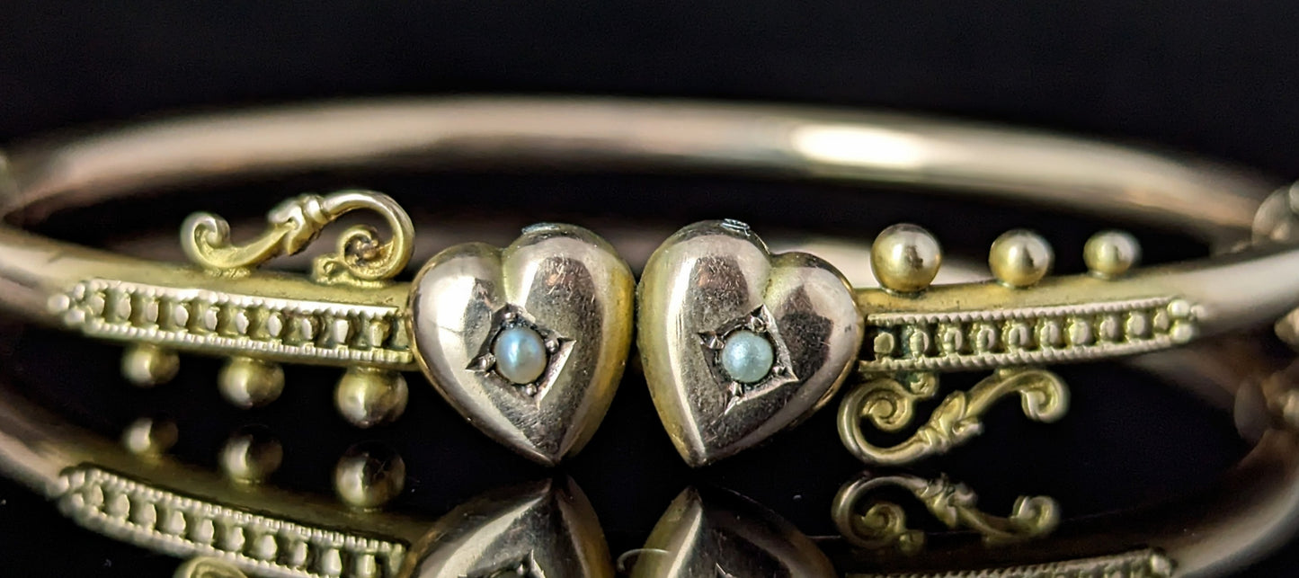 Antique 9ct rose gold double hearts bangle, Edwardian