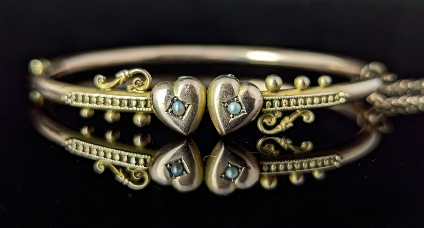 Antique 9ct rose gold double hearts bangle, Edwardian