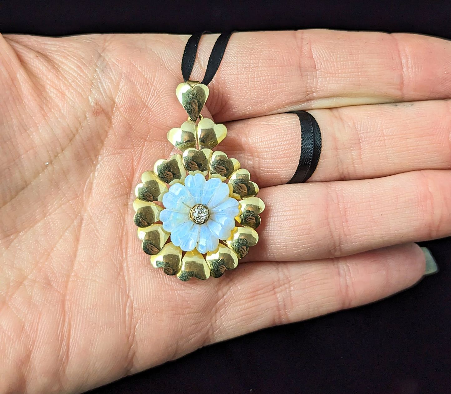 Vintage Opal and Diamond flower pendant, 9ct Gold, Hearts