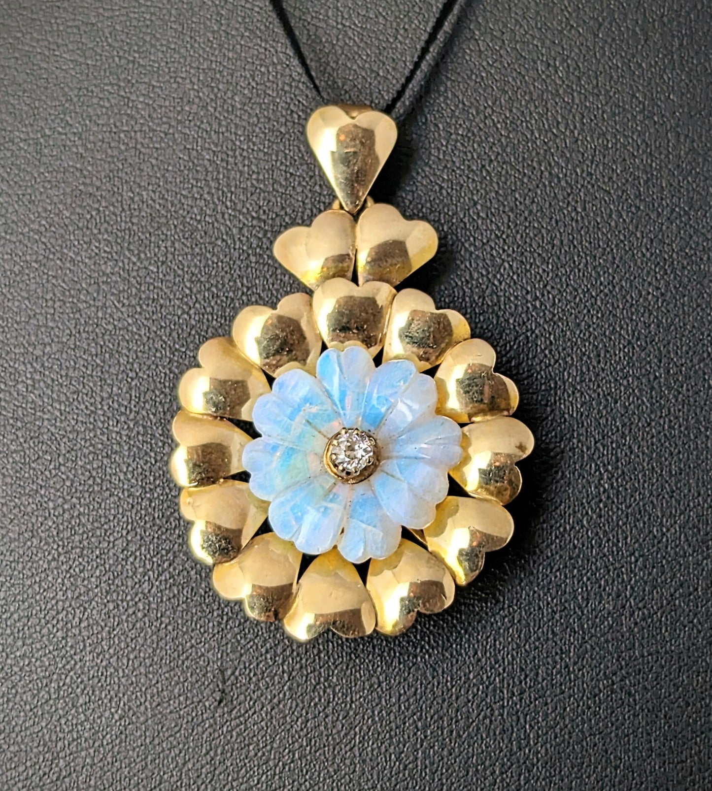 Vintage Opal and Diamond flower pendant, 9ct Gold, Hearts