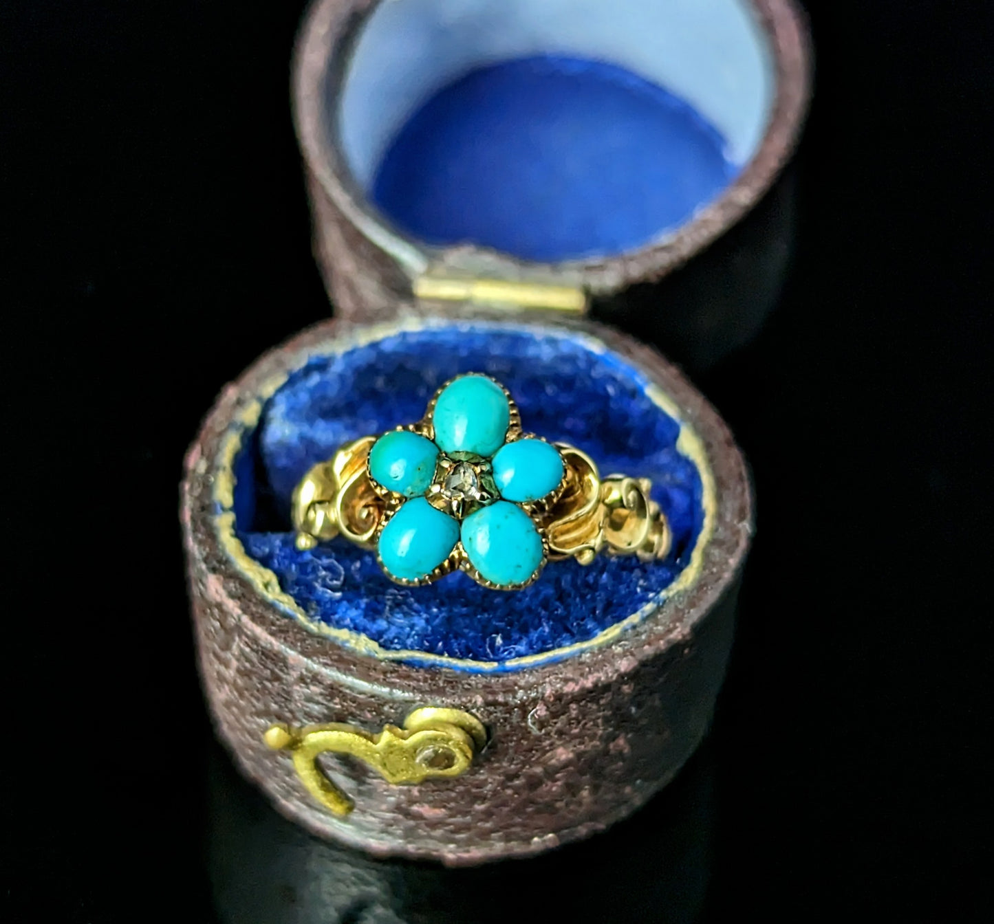 Antique Regency Turquoise and Diamond ring, Forget me not, 15ct gold