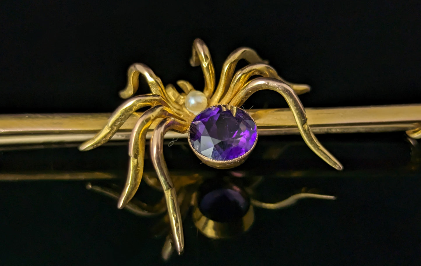 Antique 9ct gold Spider brooch, Amethyst and Pearl, large, boxed