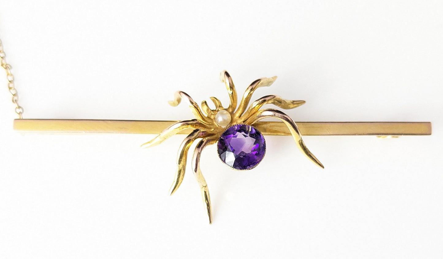 Antique 9ct gold Spider brooch, Amethyst and Pearl, large, boxed