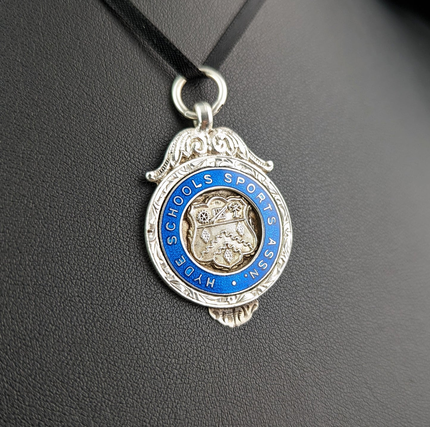 Vintage Sterling silver and blue enamel fob pendant, Art Deco