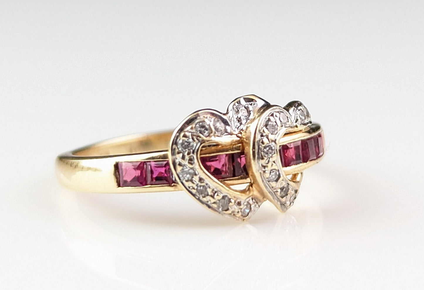 Vintage Ruby and Diamond double love heart ring, 14ct gold
