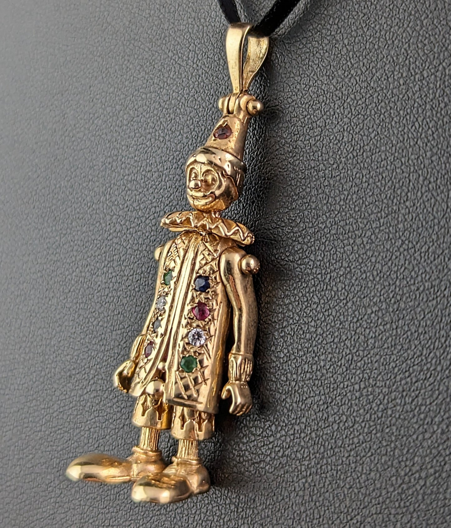 Vintage 9ct gold Clown pendant, multi gemstone, Articulated