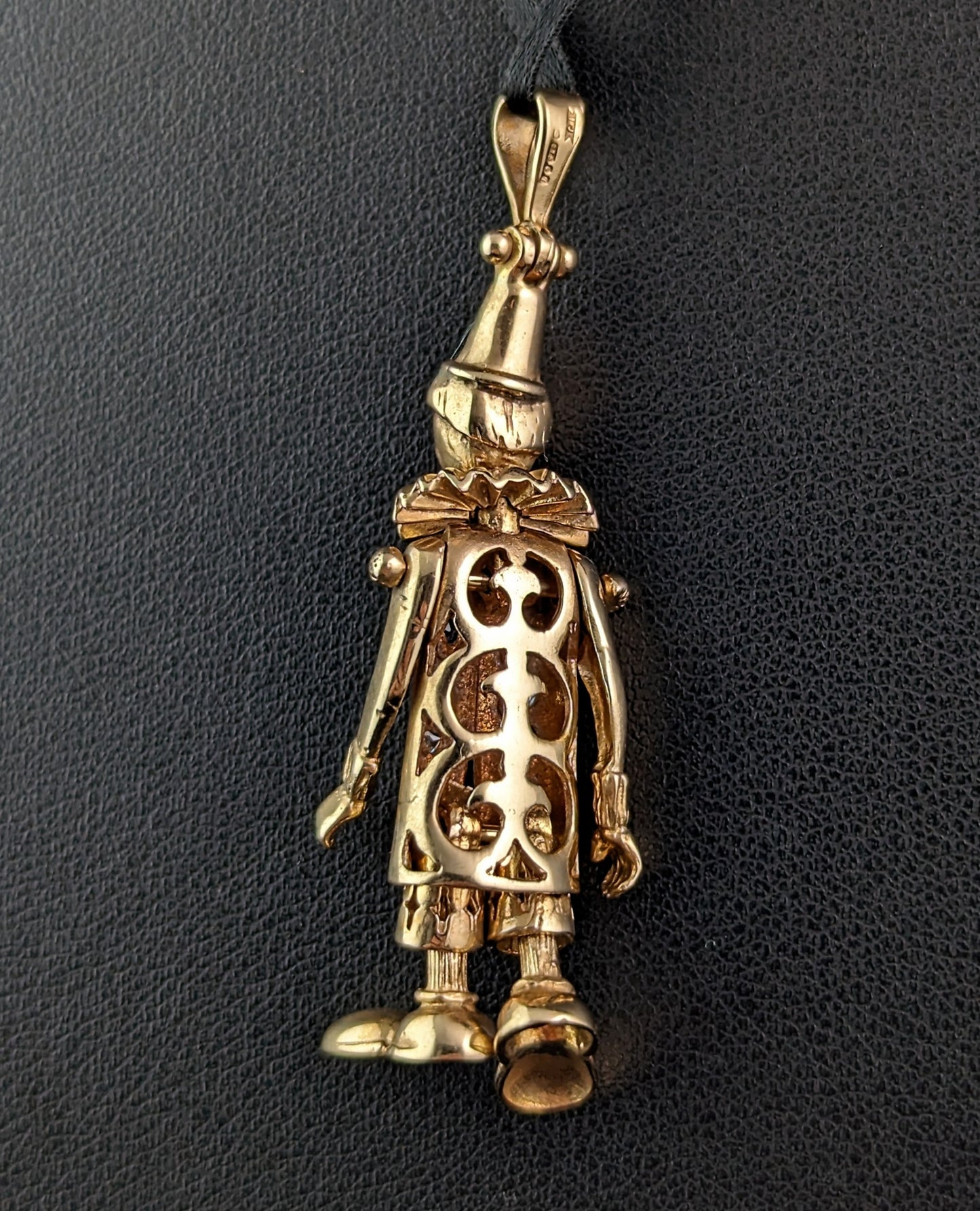 Vintage 9ct gold Clown pendant, multi gemstone, Articulated