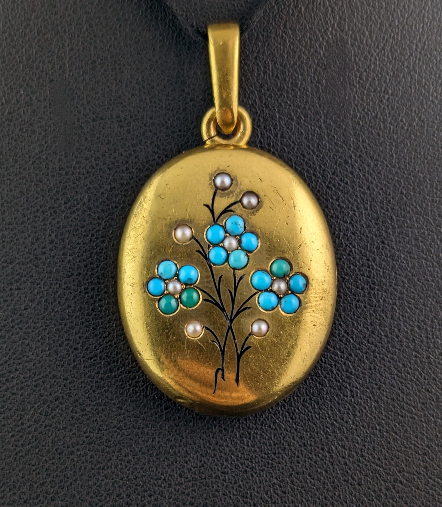 Antique 15ct gold Turquoise and Pearl locket, Forget me Not flowers