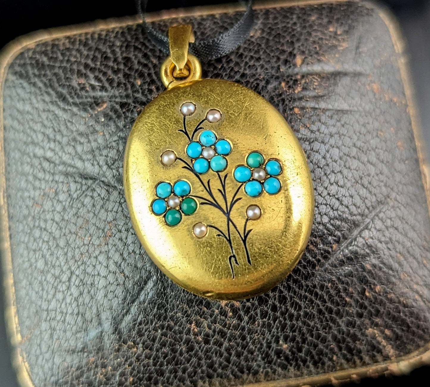 Antique 15ct gold Turquoise and Pearl locket, Forget me Not flowers
