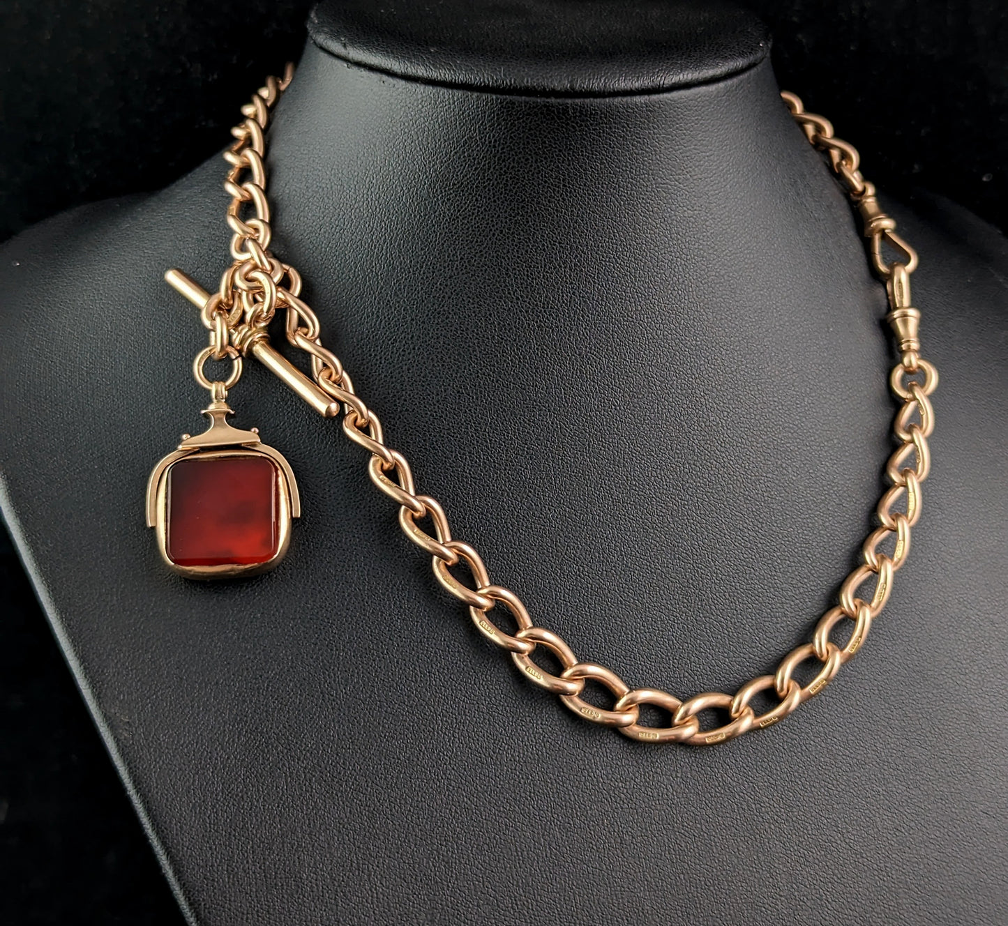 Antique 9ct Rose gold Albert chain, watch chain necklace, Carnelian swivel fob