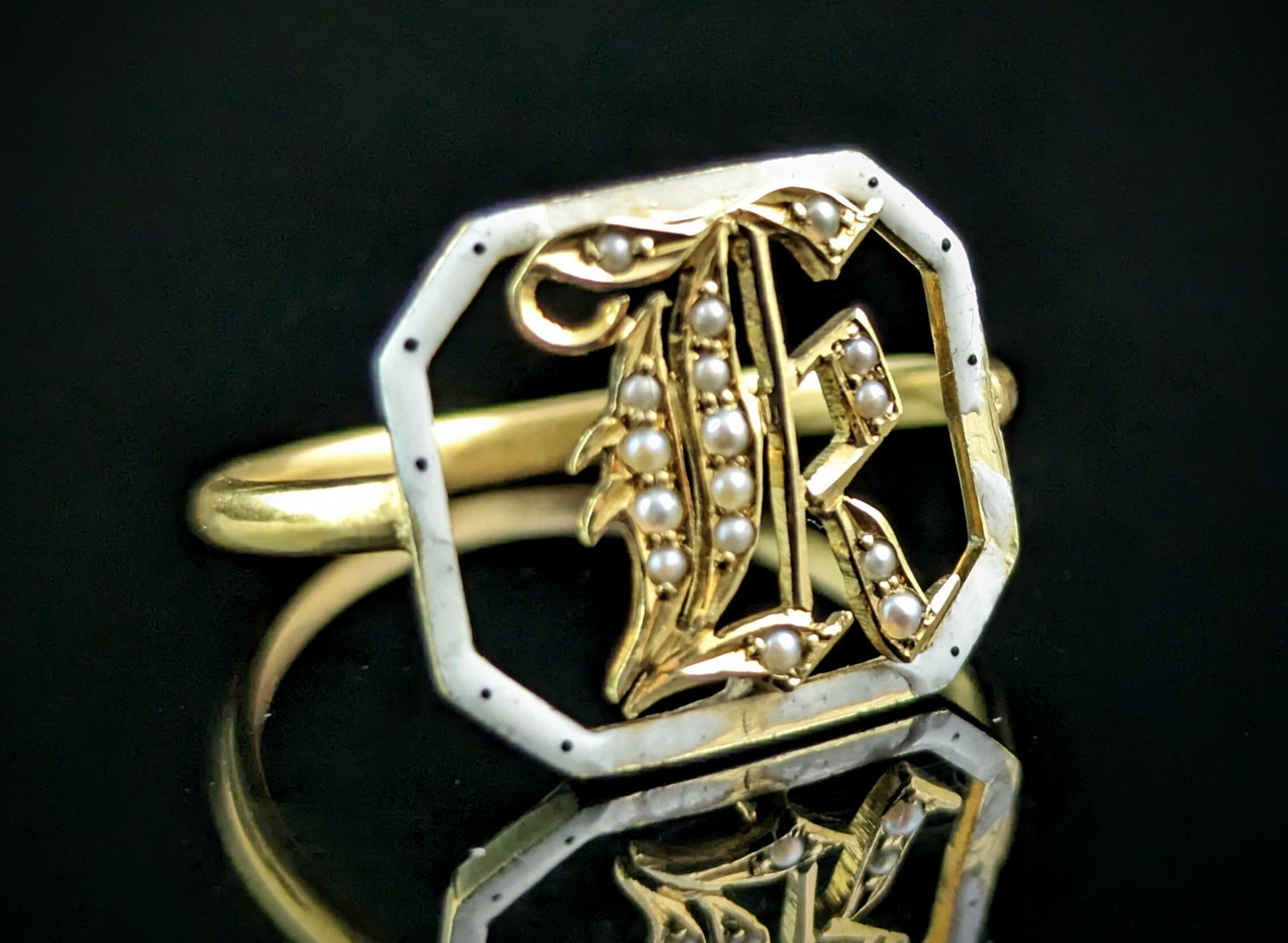 Antique French 18ct gold and Pearl letter K ring, White Enamel, Conversion