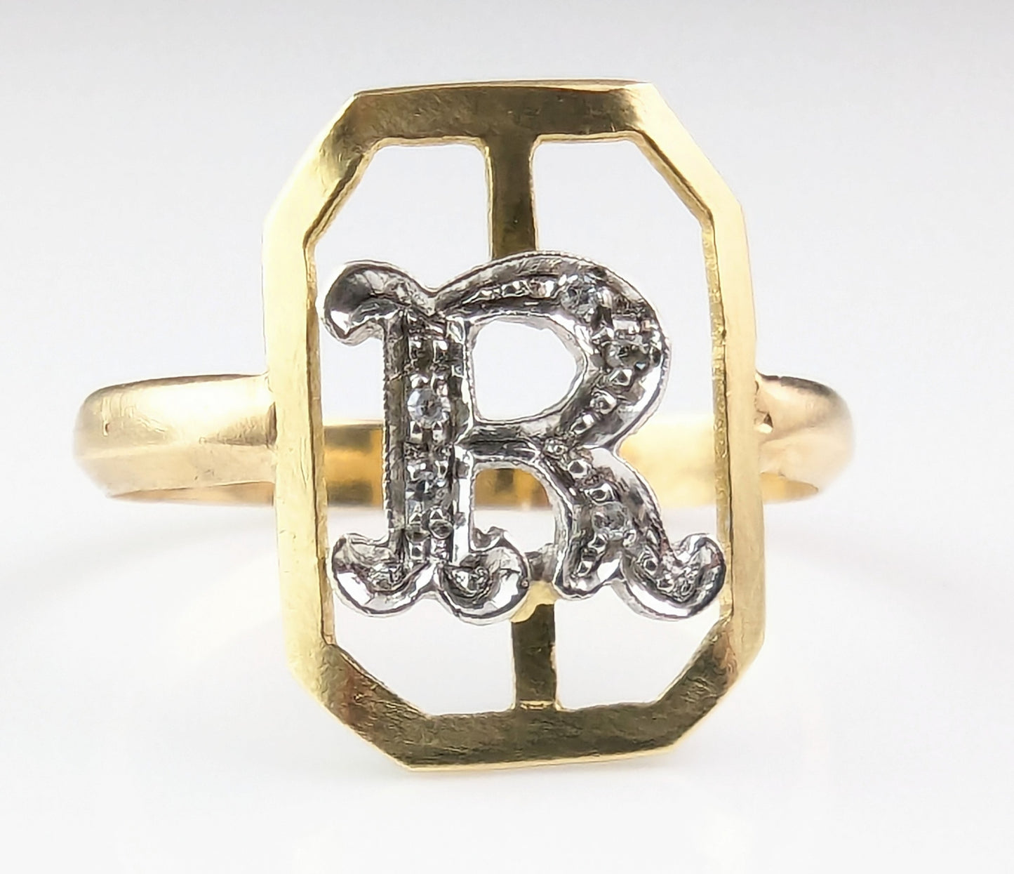 Vintage 18ct gold and Diamond letter R ring, Conversion