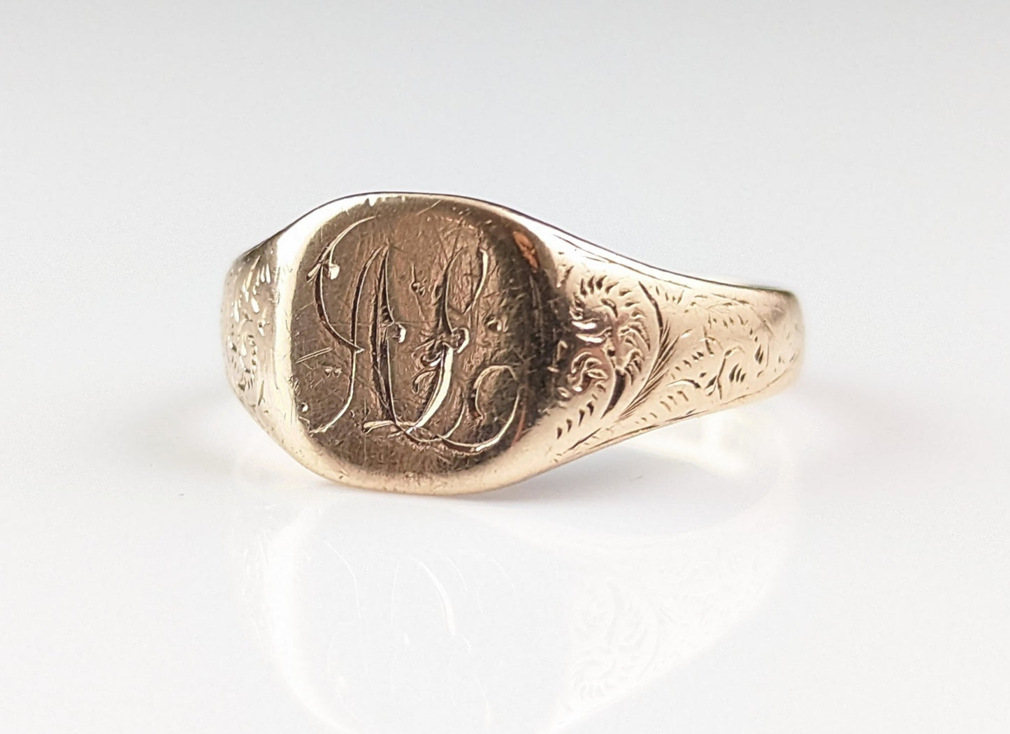 Antique 9ct rose gold signet ring, Pinky ring, engraved