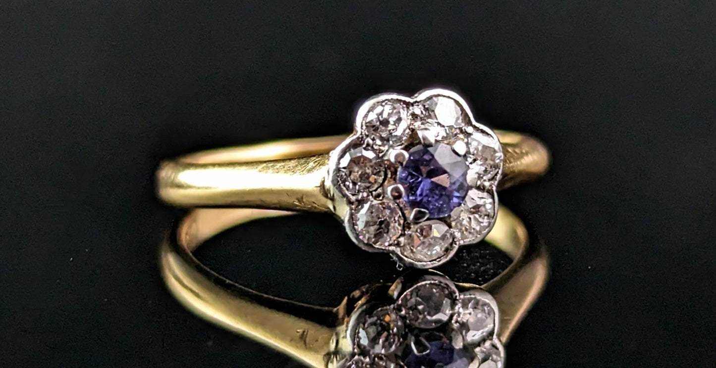 Antique Art Deco Sapphire and Diamond flower ring, cluster, 18ct gold