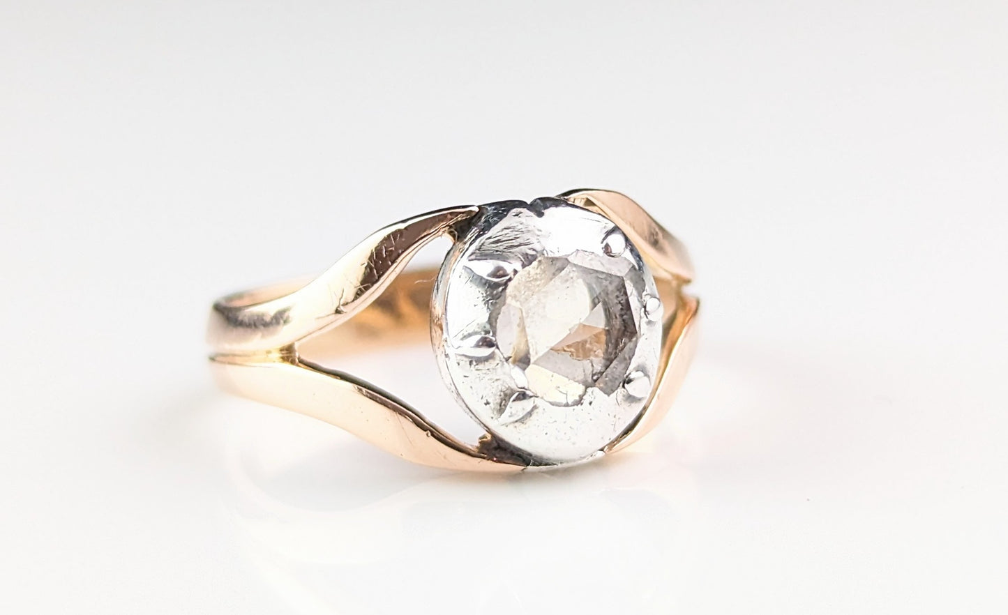 Antique Rose cut diamond conversion ring, 9ct rose gold and silver