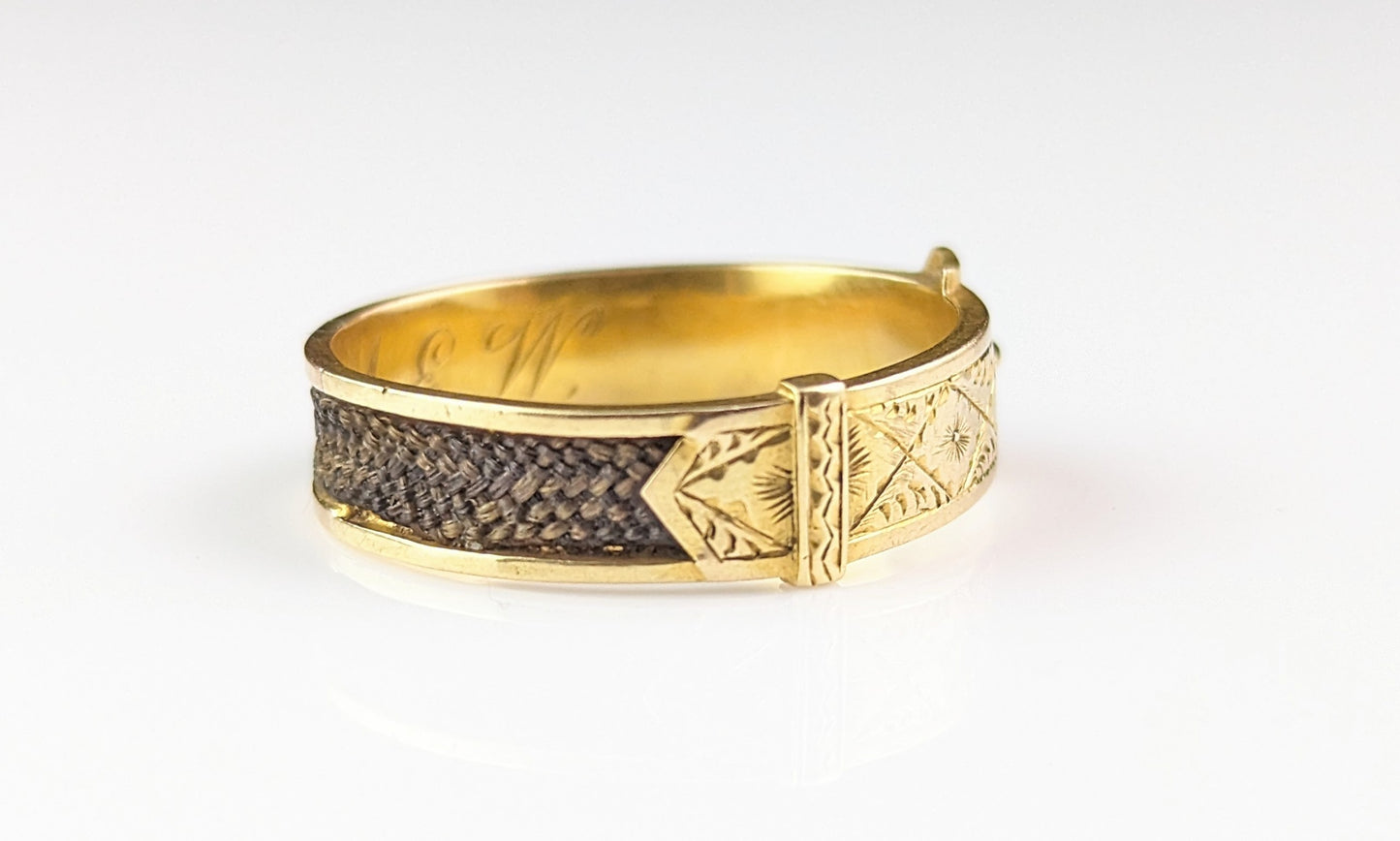 Antique Victorian Mourning ring, 18ct gold and hairwork, Buckle design