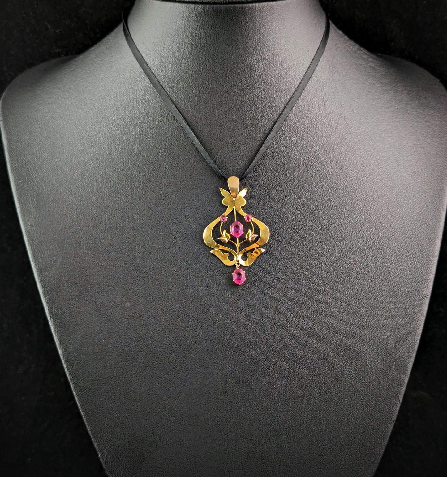 Antique 9ct gold and Pink paste pendant, Art Nouveau